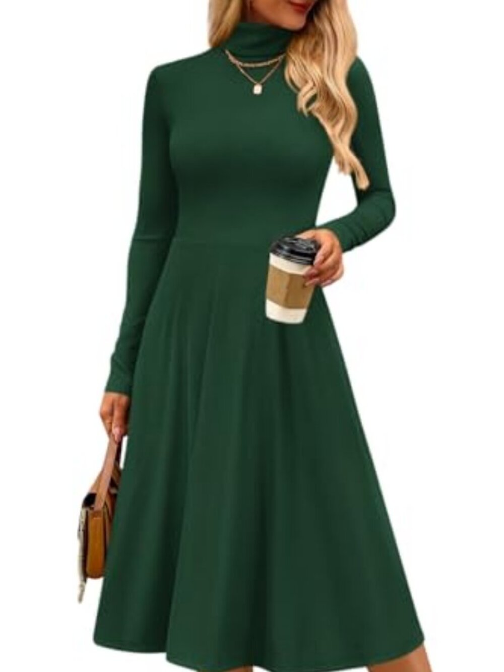 CFLONGE Womens Long Sleeve Turtleneck Dress Midi A Line Fall Dresses